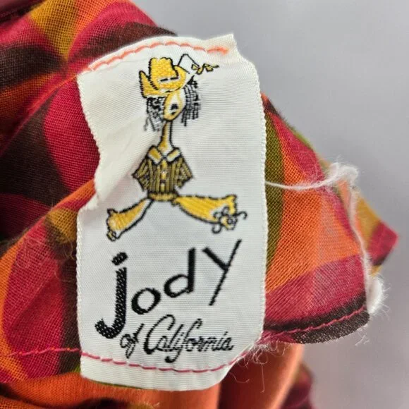 Vintage Jody of California 70s Orange Brown Green Geometric Mini Dress Flaws - Picture 10 of 14